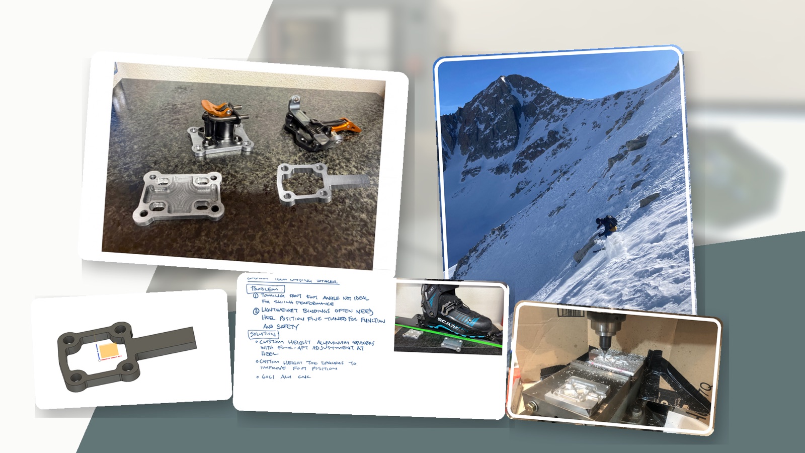 Collage of product development sketches, prototypes, components, and outdoor product work